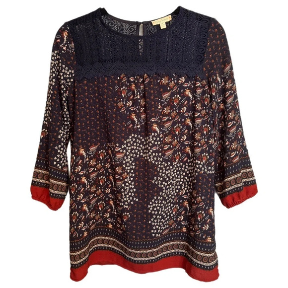 Flying Tomato Multicolor Boho Blouse Sz Medium Botanical Crochet Tunic Pattern - Picture 2 of 13